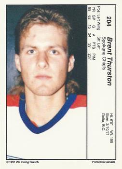 1990-91 7th Inning Sketch WHL #204 Brent Thurston Back