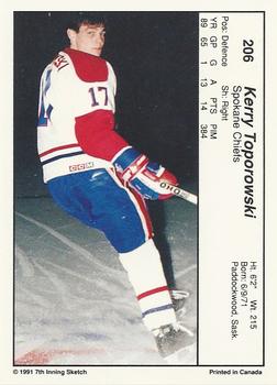 1990-91 7th Inning Sketch WHL #206 Kerry Toporowski Back