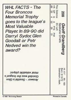 1990-91 7th Inning Sketch WHL #208 Geoff Grandberg Back