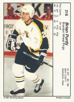 1990-91 7th Inning Sketch WHL #216a Brian Purdy Back