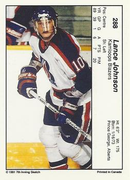 1990-91 7th Inning Sketch WHL #288 Lance Johnson Back