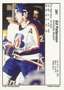 1990-91 7th Inning Sketch WHL #291 Eddie Patterson Back