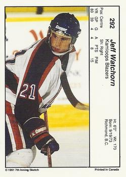 1990-91 7th Inning Sketch WHL #292 Jeff Watchorn Back