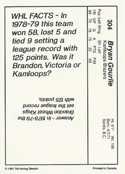 1990-91 7th Inning Sketch WHL #304 Bryan Gourlie Back