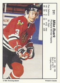 1990-91 7th Inning Sketch WHL #311 Mike Ruark Back