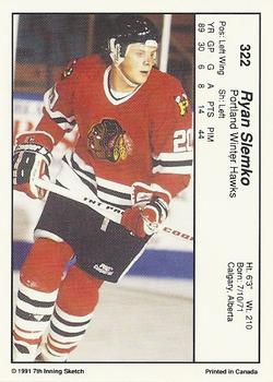 1990-91 7th Inning Sketch WHL #322 Ryan Slemko Back