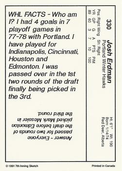 1990-91 7th Inning Sketch WHL #330 Josh Erdman Back