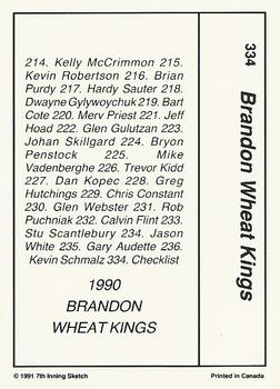 1990-91 7th Inning Sketch WHL #334 Brandon Wheat Kings Back