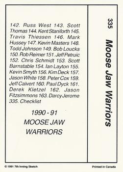 1990-91 7th Inning Sketch WHL #335 Moose Jaw Warriors Back