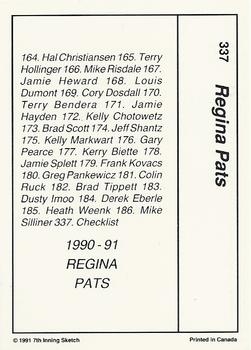 1990-91 7th Inning Sketch WHL #337 Regina Pats Back