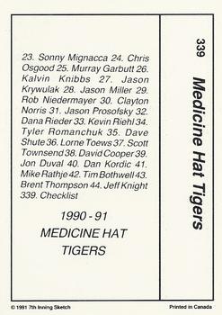 1990-91 7th Inning Sketch WHL #339 Medicine Hat Tigers Back