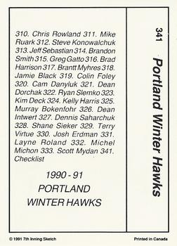 1990-91 7th Inning Sketch WHL #341 Portland Winter Hawks Back