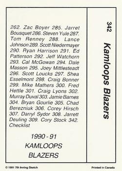 1990-91 7th Inning Sketch WHL #342 Kamloops Blazers Back