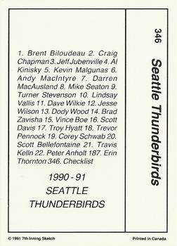 1990-91 7th Inning Sketch WHL #346 Seattle Thunderbirds Back