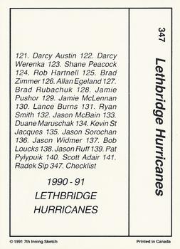 1990-91 7th Inning Sketch WHL #347 Lethbridge Hurricanes Back