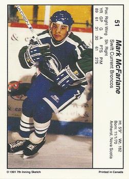 1990-91 7th Inning Sketch WHL #51 Mark McFarlane Back