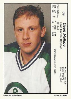 1990-91 7th Inning Sketch WHL #69 Dean Malkoc Back