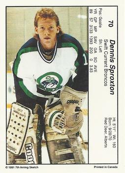 1990-91 7th Inning Sketch WHL #70 Dennis Sproxton Back