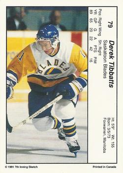1990-91 7th Inning Sketch WHL #79 Derek Tibbatts Back