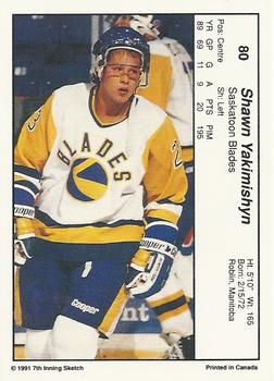 1990-91 7th Inning Sketch WHL #80 Shawn Yakimishyn Back