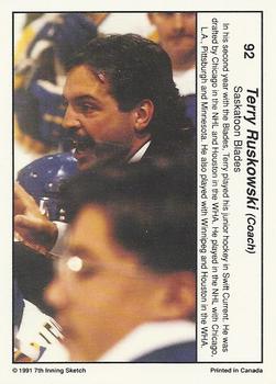 1990-91 7th Inning Sketch WHL #92 Terry Ruskowski Back