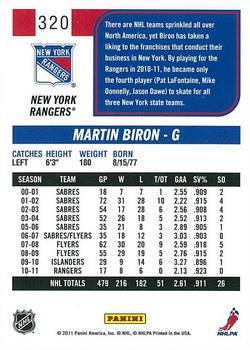 2011-12 Score #320 Martin Biron Back