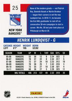 2011-12 Score #25 Henrik Lundqvist Back