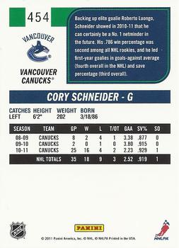 2011-12 Score #454 Cory Schneider Back