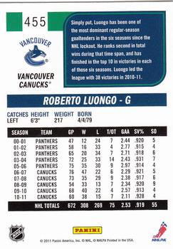 2011-12 Score #455 Roberto Luongo Back