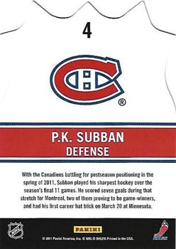 2011-12 Score - NHL Shield Die Cuts #4 P.K. Subban Back
