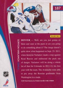 2011-12 Panini Pinnacle #187 Semyon Varlamov Back