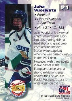 1994-95 Signature Rookies #P1 Juha Vuorivirta Back