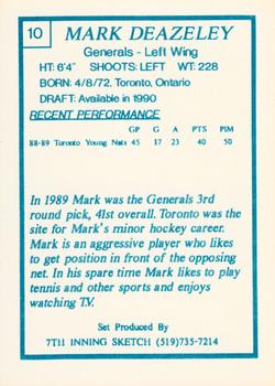 1989-90 7th Inning Sketch OHL #10 Mark Deazeley Back