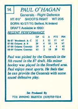 1989-90 7th Inning Sketch OHL #14 Paul O'Hagan Back