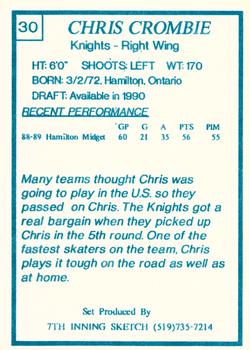 1989-90 7th Inning Sketch OHL #30 Chris Crombie Back