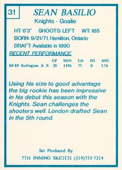 1989-90 7th Inning Sketch OHL #31 Sean Basilio Back
