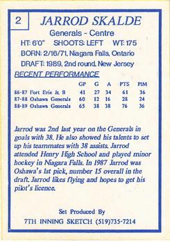 1989-90 7th Inning Sketch OHL #2 Jarrod Skalde Back