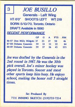 1989-90 7th Inning Sketch OHL #3 Joe Busillo Back