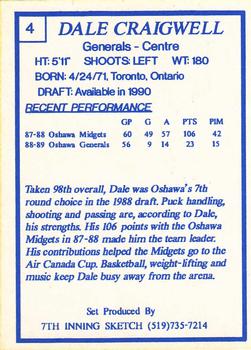 1989-90 7th Inning Sketch OHL #4 Dale Craigwell Back