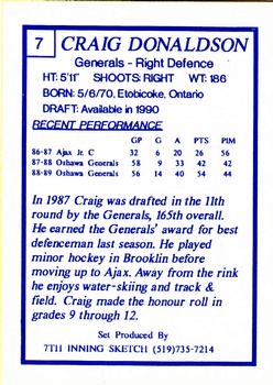 1989-90 7th Inning Sketch OHL #7 Craig Donaldson Back