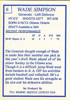 1989-90 7th Inning Sketch OHL #8 Wade Simpson Back