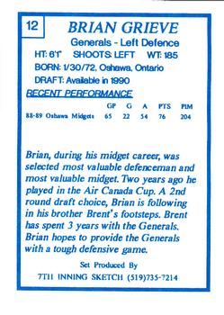 1989-90 7th Inning Sketch OHL #12 Brian Grieve Back