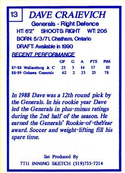 1989-90 7th Inning Sketch OHL #13 Dave Craievich Back
