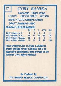1989-90 7th Inning Sketch OHL #17 Cory Banika Back