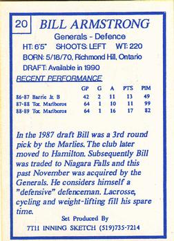 1989-90 7th Inning Sketch OHL #20 Bill Armstrong Back