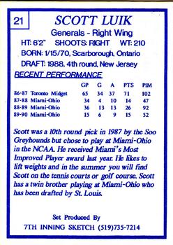 1989-90 7th Inning Sketch OHL #21 Scott Luik Back