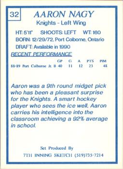 1989-90 7th Inning Sketch OHL #32 Aaron Nagy Back
