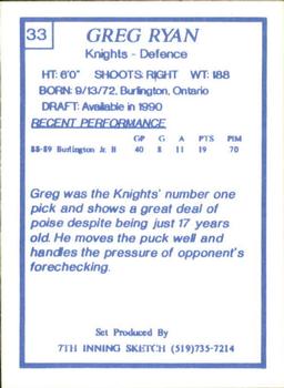1989-90 7th Inning Sketch OHL #33 Greg Ryan Back