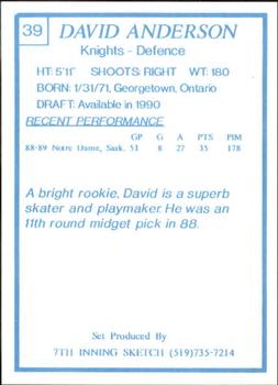 1989-90 7th Inning Sketch OHL #39 Dave Anderson Back