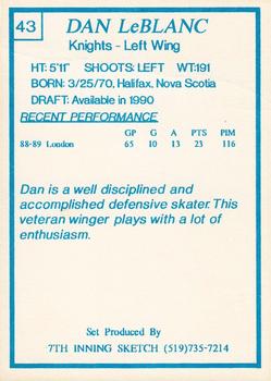 1989-90 7th Inning Sketch OHL #43 Dan LeBlanc Back